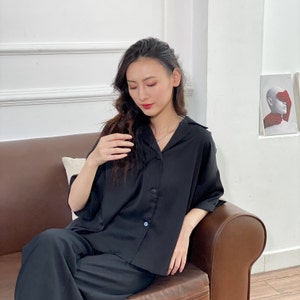 Silk blouse for women/ silk revere collar shirt/ silk short sleeve shirt/ White silk blouse/ black silk shirt/ loose blouse/ summer clothing image 3