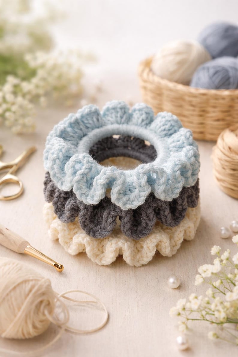 Op de afbeelding: Een stapel van drie handgemaakte gehaakte scrunchies in lichtblauw, grijs en cr&egrave;me. De scrunchies hebben een gerimpelde rand en zijn gemaakt van zacht garen. Een haaknaald, garen en schaar staan op de achtergrond.