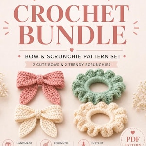 Puede incluir: Un conjunto de patrones de ganchillo con el texto PERFECT HANDMADE GIFT, CROCHET BUNDLE, BOW & SCRUNCHIE PATTERN SET, 2 CUTE BOWS & 2 TRENDY SCRUNCHIES, HANDMADE WITH LOVE, BEGINNER FRIENDLY, INSTANT DOWNLOAD y PDF PATTERN. Incluye dos lazos y dos coleteros.
