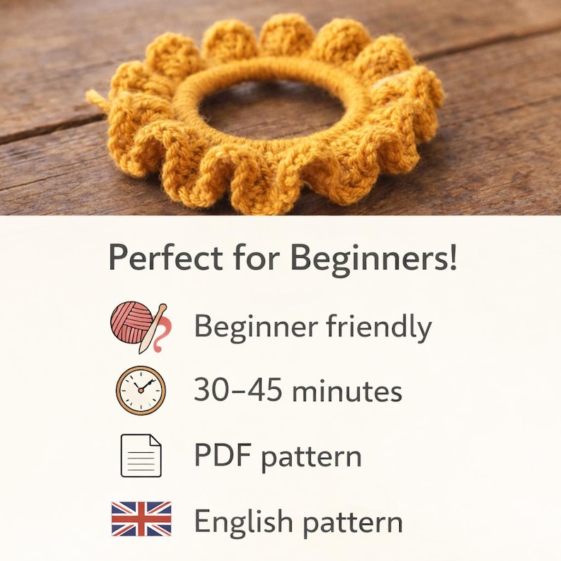 Op de afbeelding: Mosterdgeel gehaakte haarband met een gerimpelde rand en een zonnebloemontwerp. De tekst op de afbeelding luidt "Perfect voor beginners!" en "Beginner-vriendelijk". De afbeelding zegt ook "30-45 minuten", "PDF-patroon" en "Engels patroon".