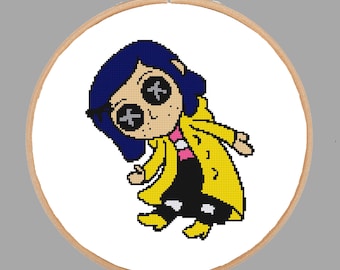 Patrón de punto de cruz de la muñeca Coraline