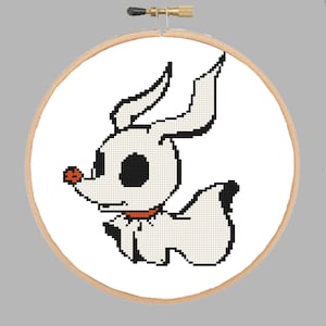 May include: A white cross-stitch embroidery of Zero, the ghost dog from the movie The Nightmare Before Christmas, in a round wooden embroidery hoop.