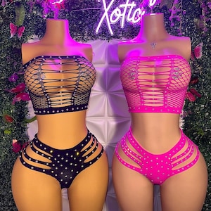 Exotic Dancewear Set Fishnet 2 Piece Set Bikini Cheeky Boy Shorts and Tube Top Set with Rhinestones “Natina” by SD Xotic