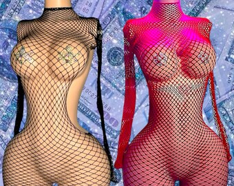 Exotic Dancewear Lace Romper Fishnet Romper Long Sleeve Fishnet “Lex” Romper by SD XOTIC