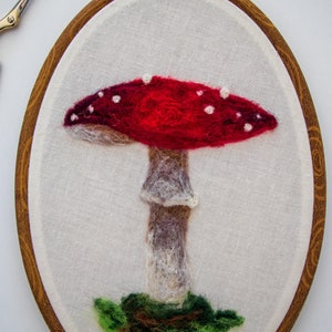 Mushroom Needle Felting Fiber Art, Hoop Art, Home Decor, Wall Art Hanging, Wool Art image 4