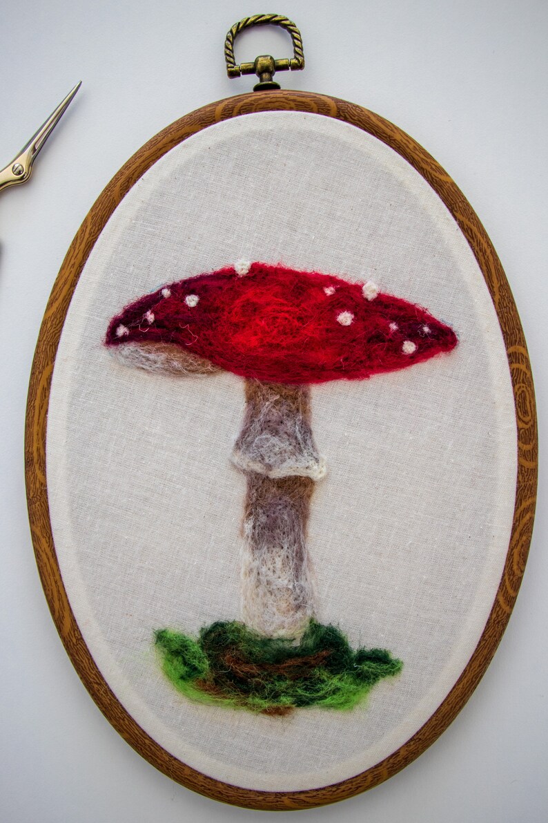 Mushroom Needle Felting Fiber Art, Hoop Art, Home Decor, Wall Art Hanging, Wool Art image 4