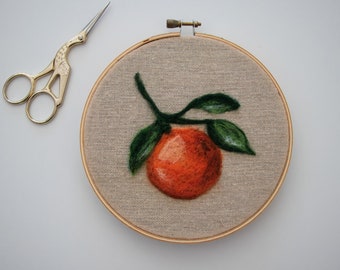 Orange Needle Felting Fiber Art, Fruit Hoop Art, Home Decor, Wall Art Hanging, Wool Art