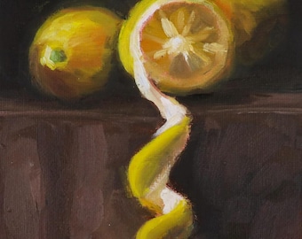 Lemon Still Life Oil Painting: 5x7 Inch Fruit Artwork for Home Decor
