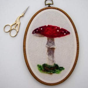 Mushroom Needle Felting Fiber Art, Hoop Art, Home Decor, Wall Art Hanging, Wool Art image 1