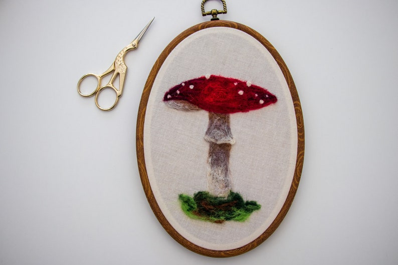 Mushroom Needle Felting Fiber Art, Hoop Art, Home Decor, Wall Art Hanging, Wool Art image 1