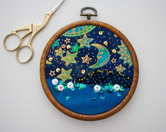 Landscape Mixed Media Embroidery Hoop Art Fabric Collage Starry Sky Moon Art, Home Decor, Wall Art Hanging