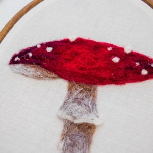 Mushroom Needle Felting Fiber Art, Hoop Art, Home Decor, Wall Art Hanging, Wool Art image 3