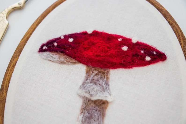 Mushroom Needle Felting Fiber Art, Hoop Art, Home Decor, Wall Art Hanging, Wool Art image 3