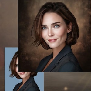 Może przedstawiać: Portret kobiety z krótkimi brązowymi włosami i niebieskimi oczami, ubranej w ciemnoszarą marynarkę. Tło to teksturowany, sepiowy gradient. Mniejszy, przycięty obraz kobiety jest nałożony w lewym dolnym rogu.