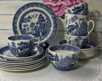 Vintage 1950's Wedgwood Blue Willow Tea/Coffee Cups and Saucers, 7" Dessert Plates, Sugar Bowl, Mid Century Tableware, Replace,**You Choose