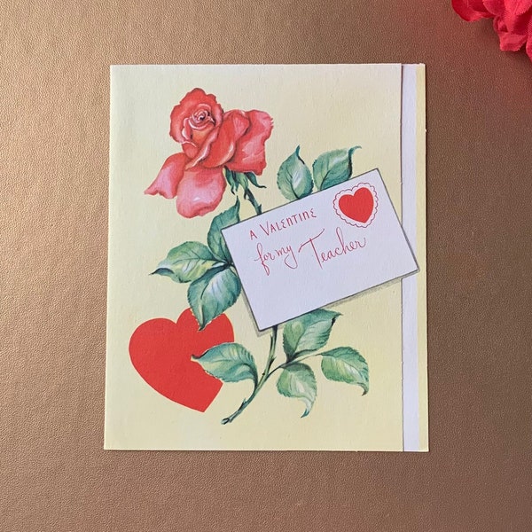 Vintage UNUSED Original 1940's/1950's Kitschy Valentine's Day Greeting Card with Envelope, Floral Red Roses, For Teacher