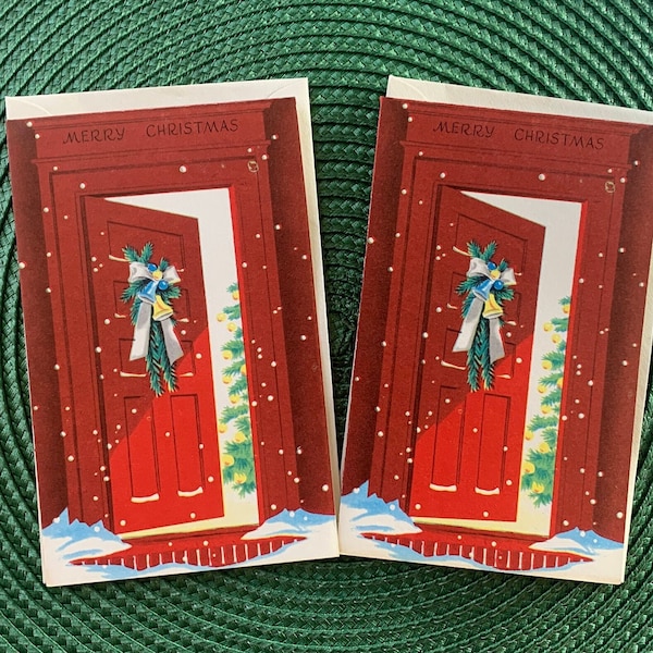 Vintage UNUSED MCM Christmas Card with Envelope, Kitschy Mid Century Modern, Merry Front Door with Wreath, For Family and Friends    CH#147