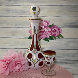 Vintage Bohemia Crystal Glass Decanter and Small Cordial Stemware, White Overlay Enamel Cut to Cranberry, Hand Made Czech Barware, Gift