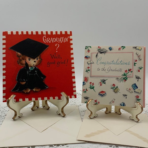 Vintage Hallmark Graduation Cards with Envelopes, Mid Century 1940's, Book and Flower Design OR Bear in Cap and Gown Design Greeting Card