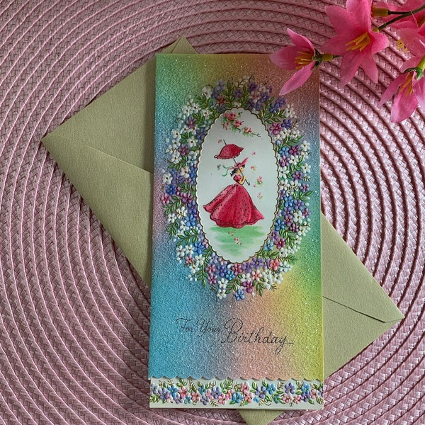 Vintage UNUSED Birthday Greeting Card with Envelope, 1960's Kitschy Mid Century Modern, Embossed Sparkled, Lady with Parasol Floral, GC #115