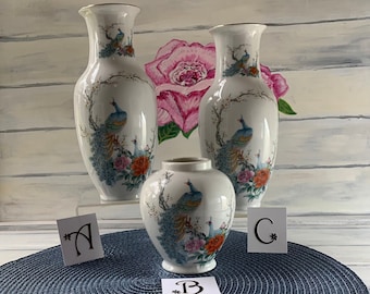 Beautiful Vintage Fine China Japan Flower Vase with Peacock Bird, Asian Cherry Blossom Motif, Mid Century Modern Home Decor, Tall or Short