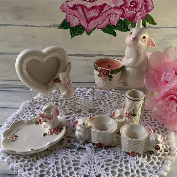 Vintage Collectible Avon Bunny Rabbit Decor, Photo Frame, Bud Vase, Taper Candle Holders, Trinket Dish, Votive Candle Holder, Cottagecore