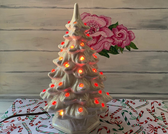 Vintage Ceramic Light up Tree in Iridescent White and Red, Illuminated