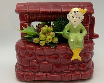 Vintage Christmas Pixie Figurine Planter, Ceramic Burgundy Wishing Well with Green Pixie, Kitschy Holiday Home Decor, Floral Arrangement