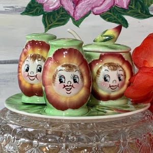 May include: A set of four vintage ceramic salt and pepper shakers and a sugar dispenser. Each piece is shaped like a flower with a smiling face and green leaves. The set is displayed on a clear glass pedestal.