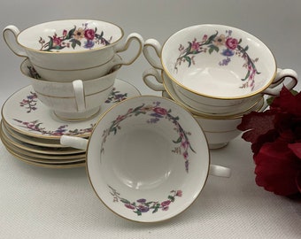 Vintage 1940's Wedgwood Devon Sprays Cream Soup Bowl & Saucer Set, Double Handled Dinnerware, Spring Home Cottagecore Tableware Decor