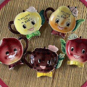 MINT UNUSED Vintage Kitschy Napco Teabag Holders, "I Will Hold The Bag", 1950's Made In Japan Anthropomorphic Fruit Dish