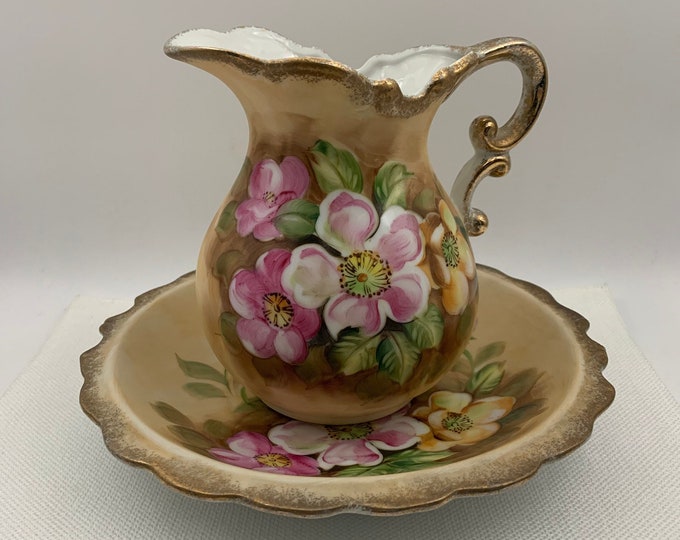 Vintage Pitcher and Bowl Set, Porcelain Hand Painted Floral Dry Sink