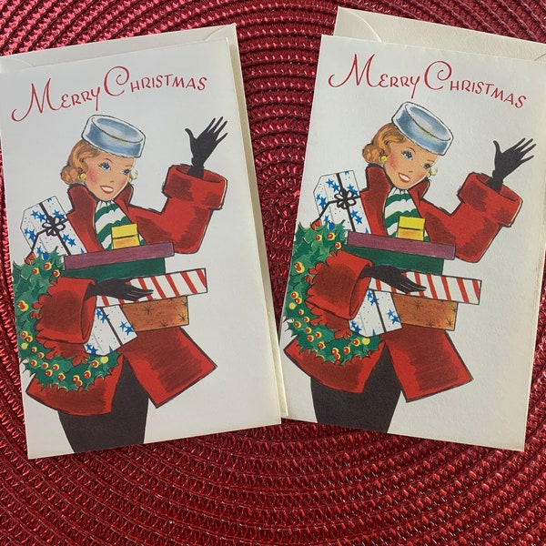 Vintage UNUSED MCM Christmas Card with Envelope, Mid Century Modern, Glamour Shopping Lady with Packages, For Family and Friends    CH#105