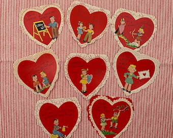 8 Vintage Valentine's Day Cards, NO Envelopes, UNUSED Original Kitschy 1940's Mid Century, Die Cut Nostalgic Ephemera, Whimsical Cute