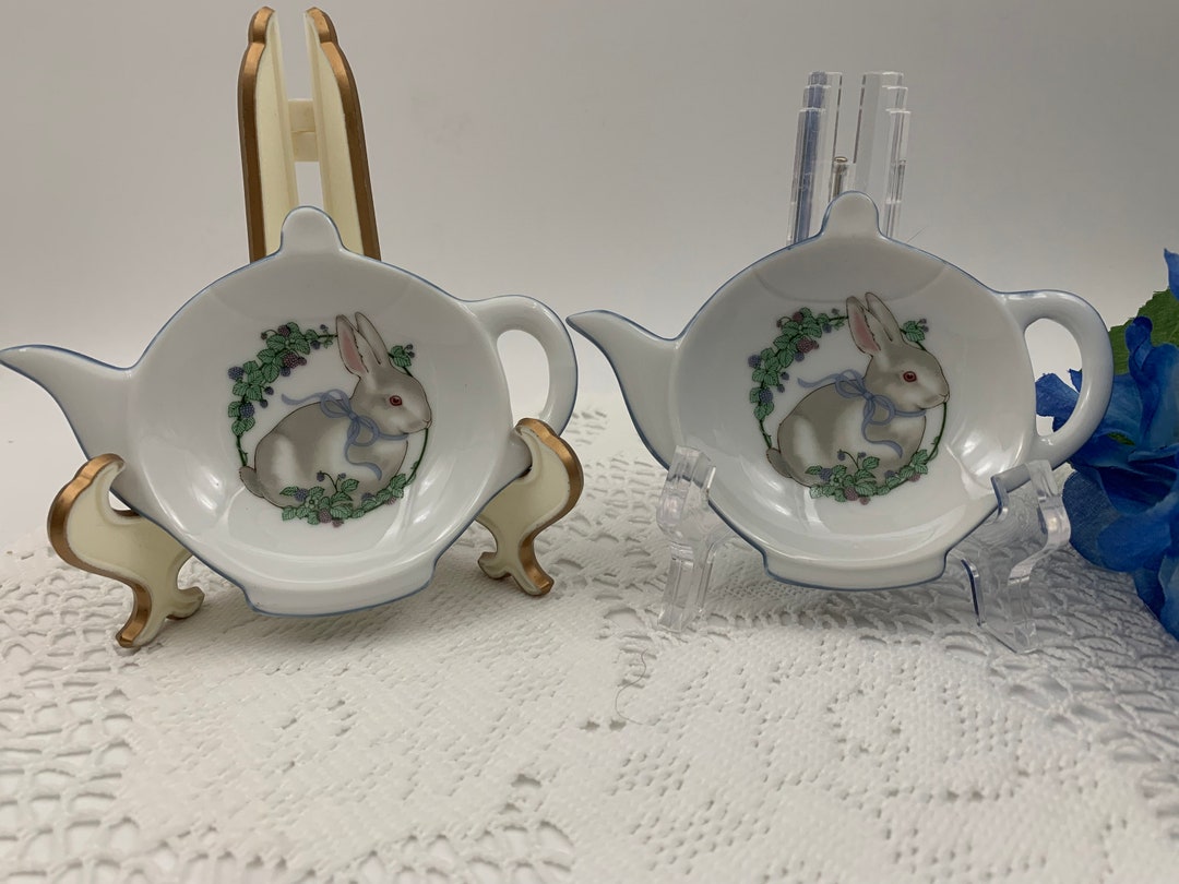Vintage Porcelain Tea Bag Holder With Bunnies by Fabrizio, Teapot Shape