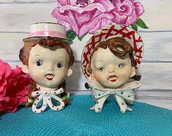 Vintage RARE Little Girl and Boy Head Vases or Planters Set, Ceramic Kitsch Collectible Mid Century Mod Home Decor, Enesco?, Napco?, Gift
