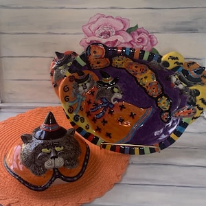 Collectible Fitz and Floyd Kitty Witches Cookie Jar LID Only or Large Serving Bowl,  Retro Halloween Decor, Retired,** You Choose** AS IS