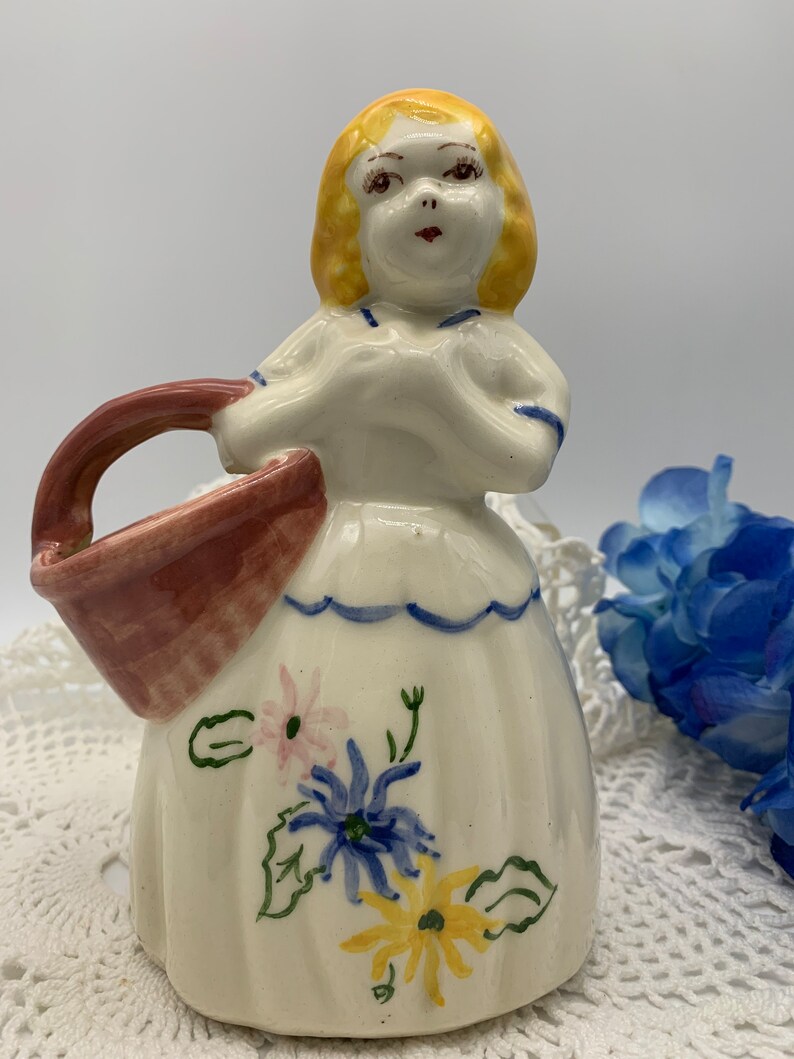 May include: A ceramic figurine of a girl in a white dress with blue trim and floral accents. She is holding a brown basket with a handle. The figurine is painted with yellow, blue, pink, and green details.