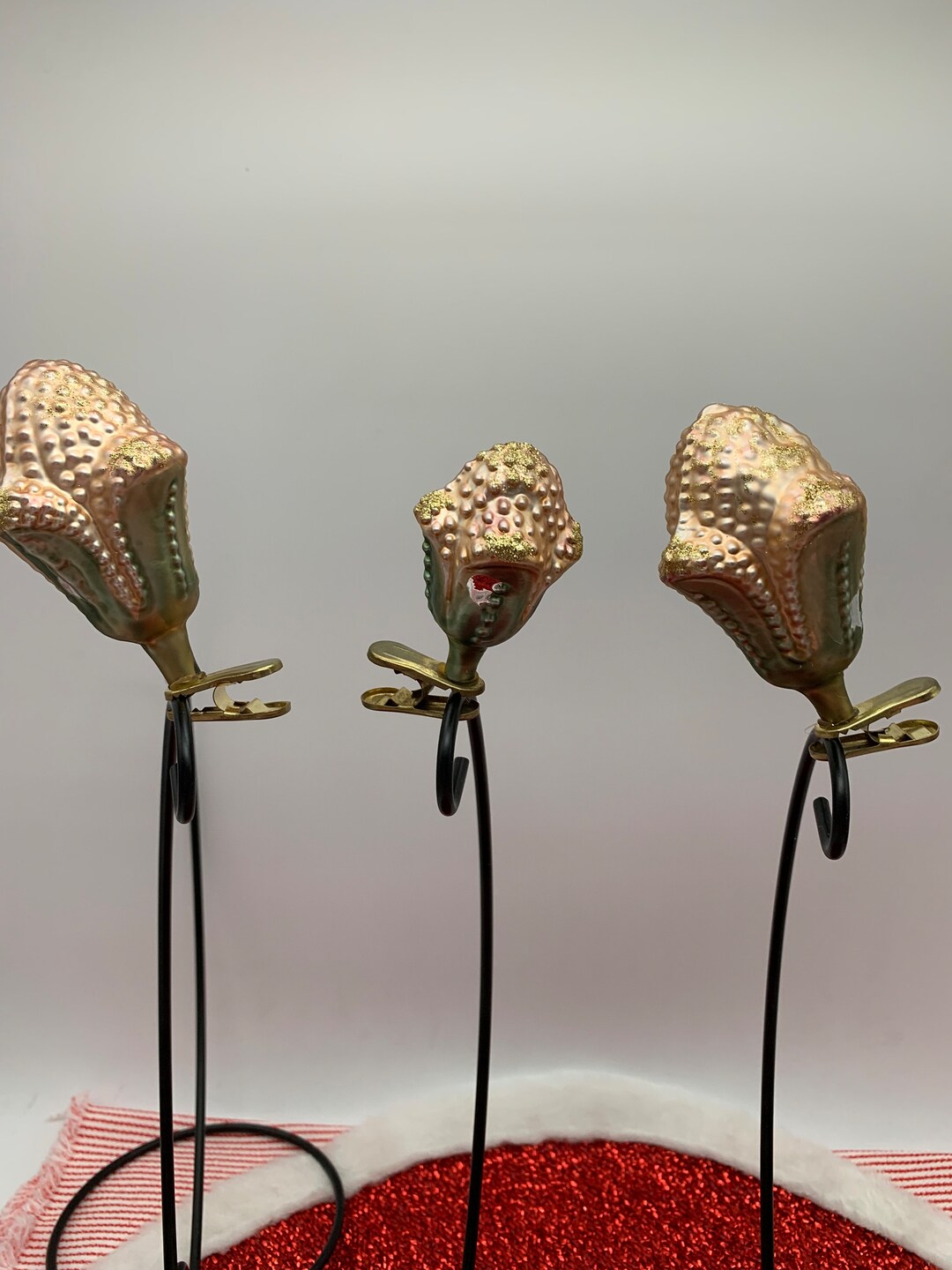 Vintage Glass Flower Clip on Christmas Ornaments, Gold and Green Clip