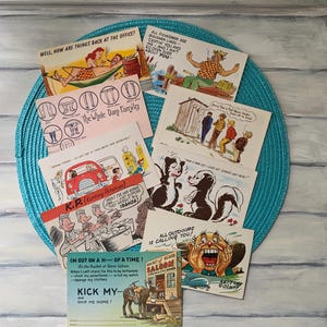 Lot of 9 Vintage UNUSED Postcards, Funny Novelty Cartoon, Mid Century Ephemera, Kitsch Illustrations, Skunks, Travel, KP Duty, PC#132