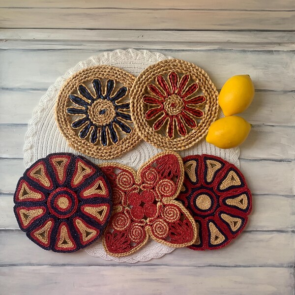 Vintage Boho Raffia Hot Pad Trivets, Straw Woven Wicker Potholders, Mid Century 1960s 1970s Kitchen Decor, Flower Butterfly, Fiber Art, Gift