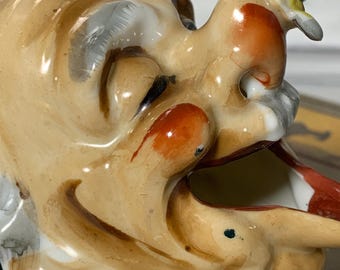 Vintage Smoking Man Ashtray, Figural Ceramic With Bee on His
