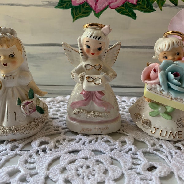 Adorable Vintage Spaghetti Porcelain Angel Figurines or Bride Bell, Napco, Consco or Lefton- Perfect June Christmas or Birthday, Mid Century