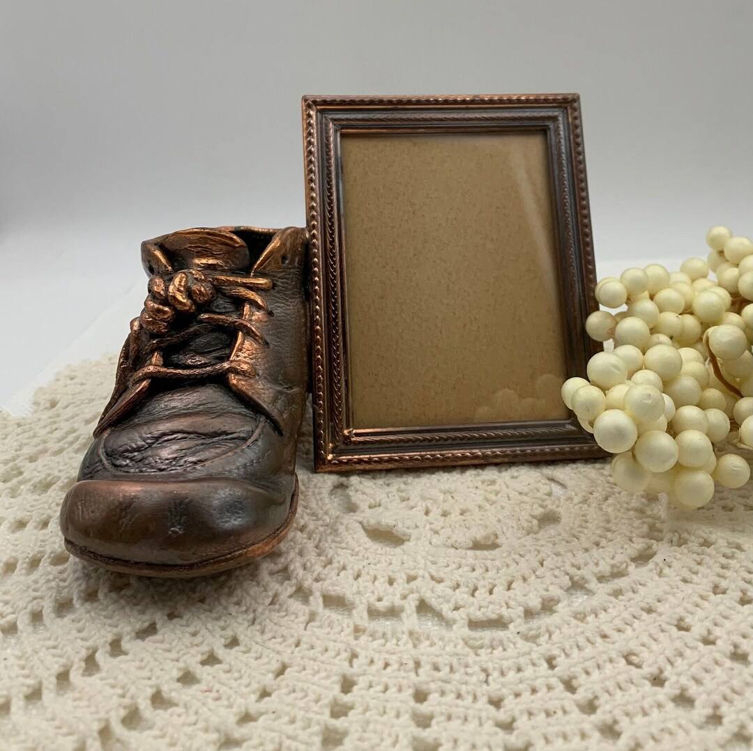 Vintage Bronze Baby Shoe 3x4 Frame Attached, Vintage Nursery Decor, Mid Century Baby Shower or