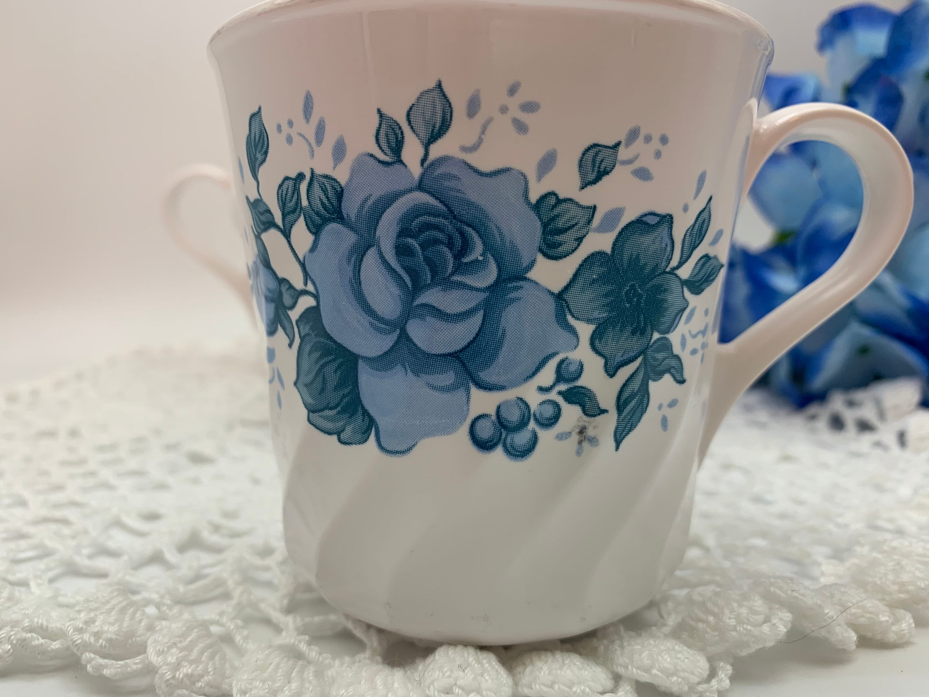 Blue and White China Travel Coffee Mug Insulated Hand Painted Porcelain  Roses