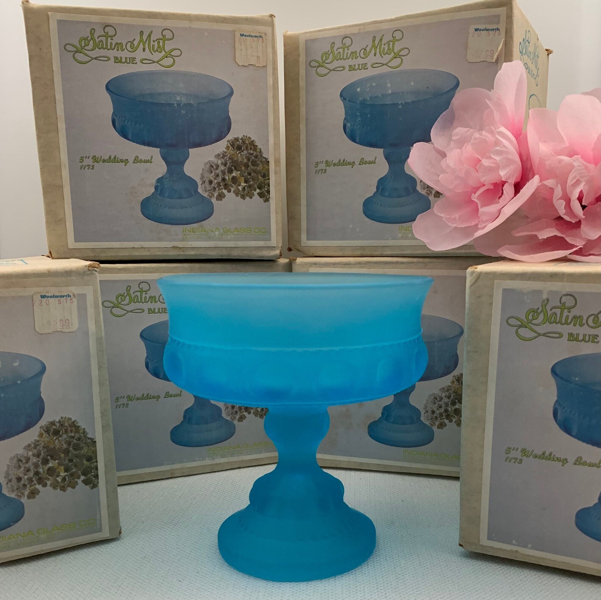 Vintage UNUSED MINT Indiana Glass Wedding Bowls Blue Satin Mist 1173 Cottagecore Farmhouse Home Decor Christmas Table