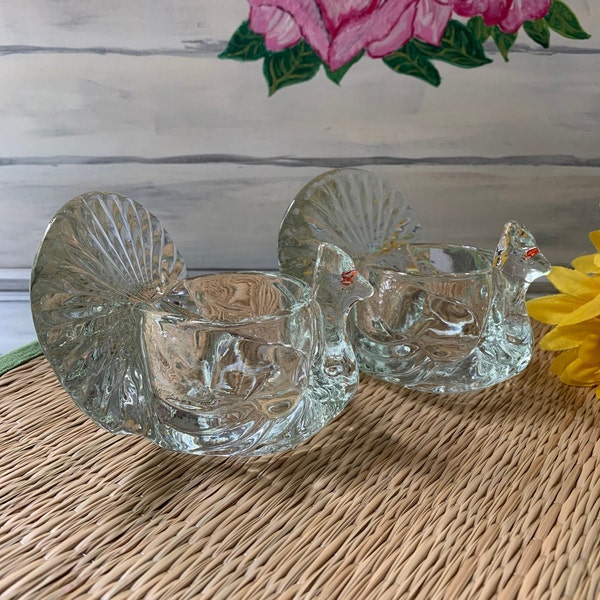 Vintage Avon Thanksgiving Turkey Votive Candle Holders Pair, Perfect for a Festive Holiday Display, Table and Fall Home Decor, Clear Glass