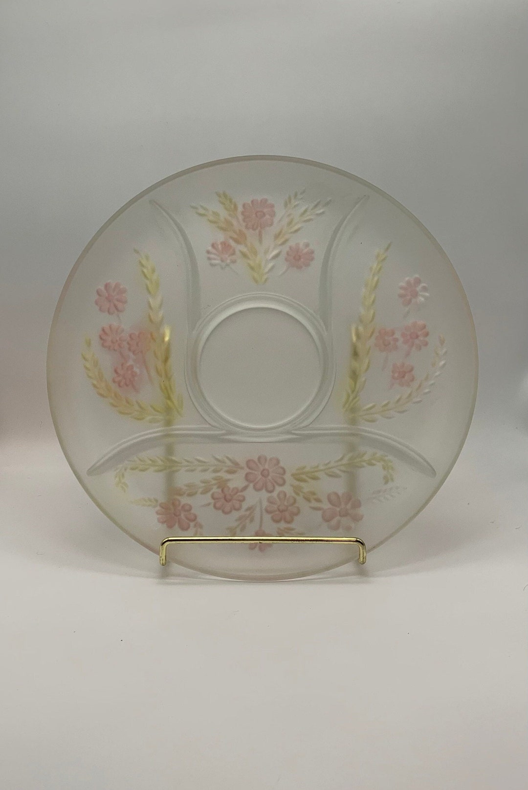 Vintage Satin Glass Divided Platter, Large Pink Floral Embossed