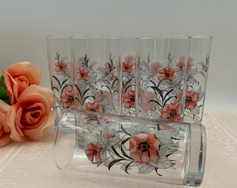 Vintage Glass Tumblers Set, 6 Pasabahce Circleware Coral Black Flower Glassware, Unique Mid Century Asian Flair Glasses Drinkware, Gift