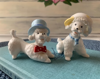 Vintage Napcoware Poodle Dog Figurines, Miniature Porcelain Pups, Mid Century Collectibles, Top Hats and Caps, Spaghetti Trim, Gift, AS IS